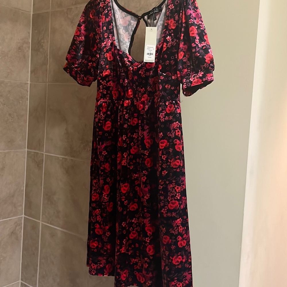 New TRIXIE Floral Velvet Medium Dress from Francesca’s with Puff Sleeve
